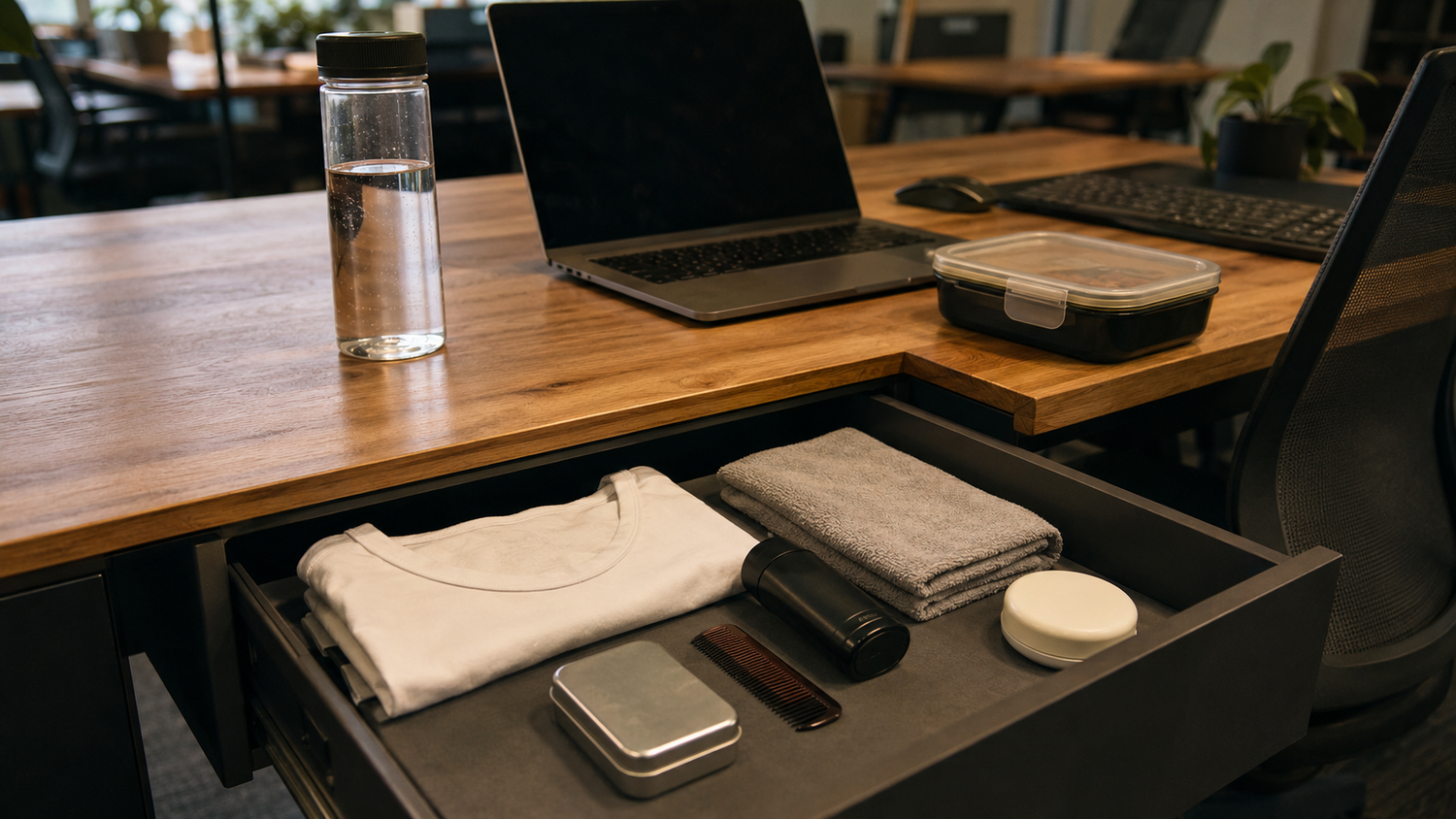 Office desk drawer with a clean shirt, towel, unbranded deodorant, comb, soap container, and water bottle nearby.
