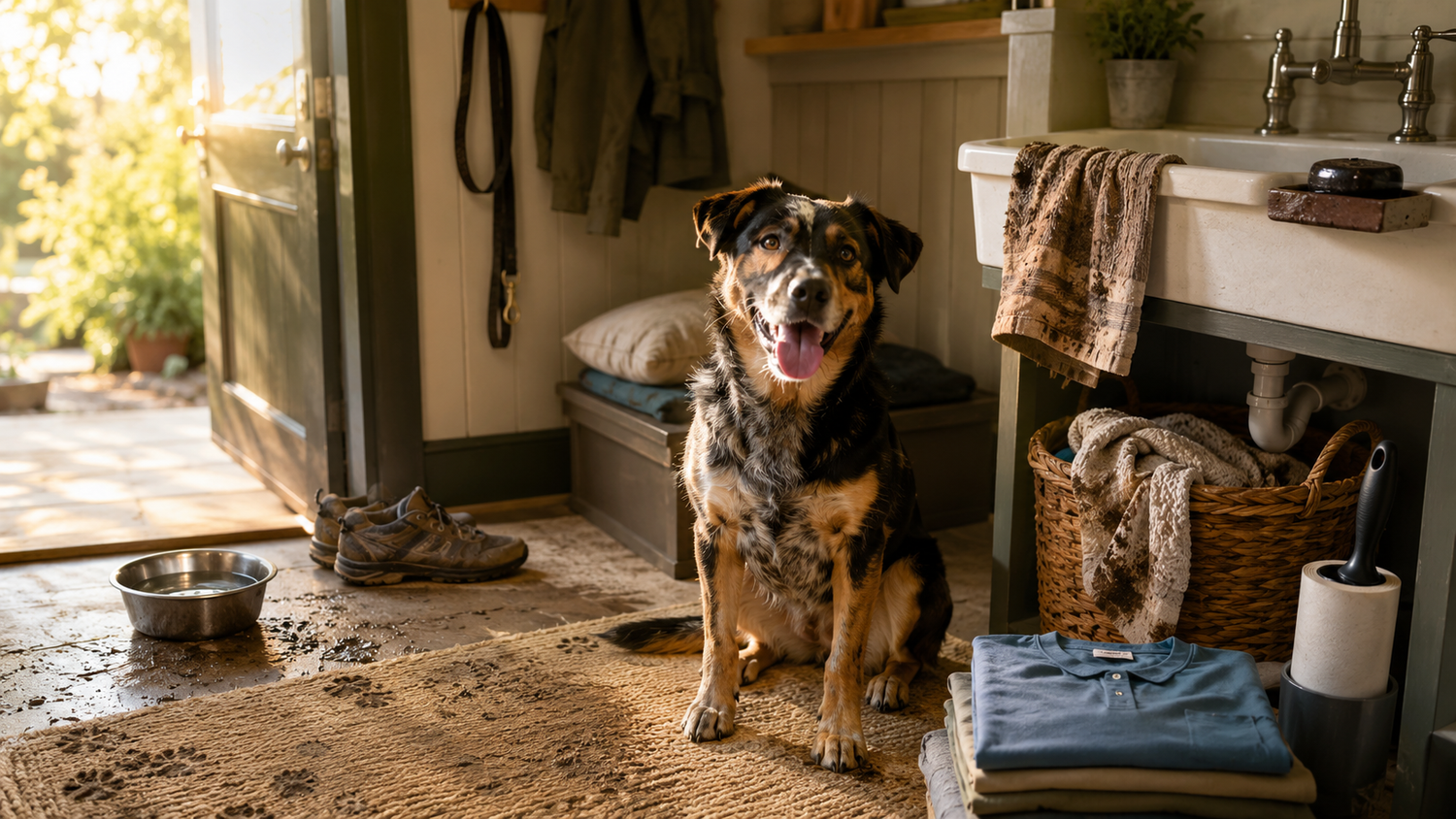 Mudroom after a summer dog walk with a mixed-breed dog, leash, paw towel, shoes, clean shirt, and unbranded soap.