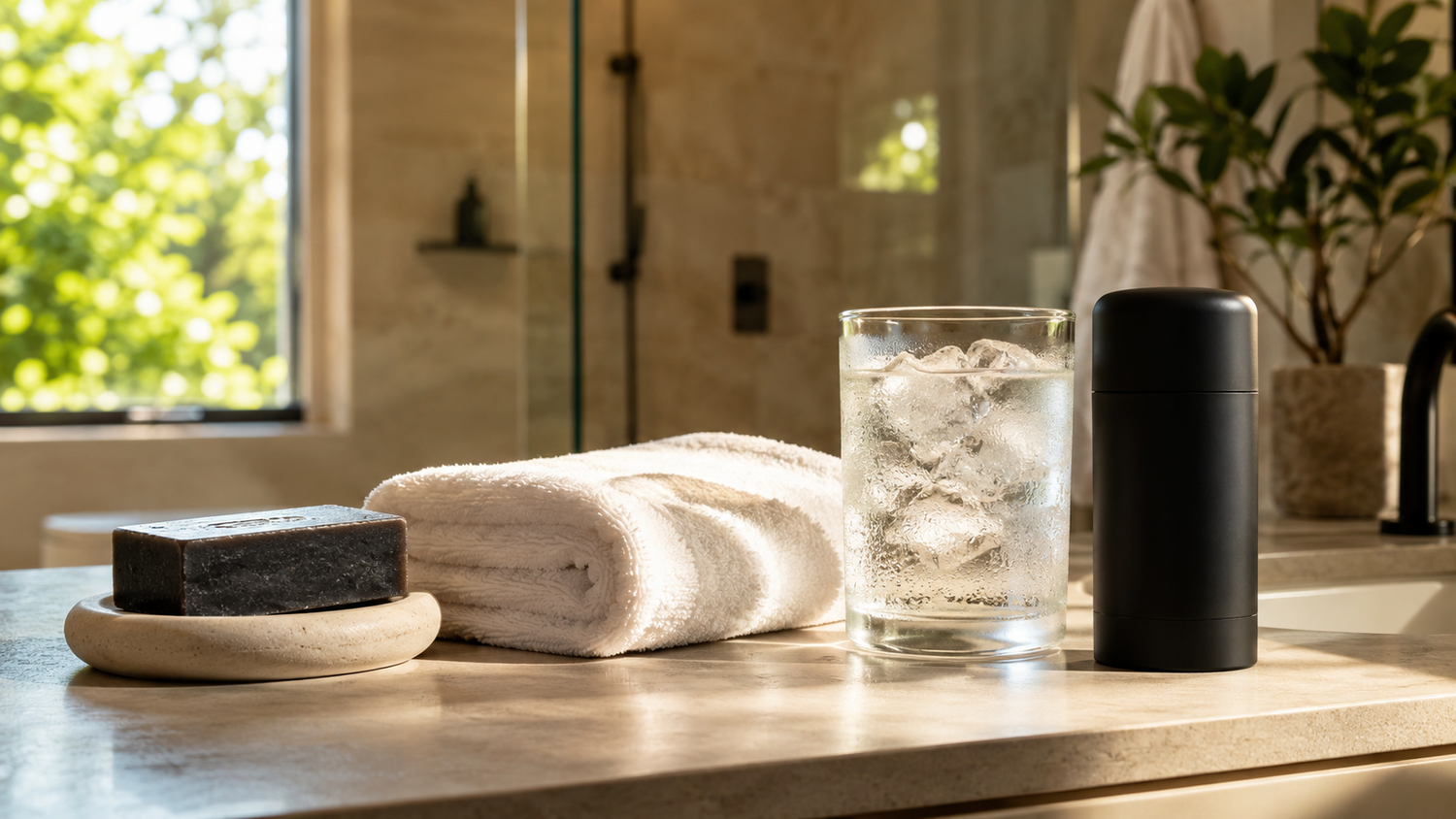 Sunlit summer bathroom counter with an unbranded soap bar, folded towel, glass of ice water, and unbranded deodorant.