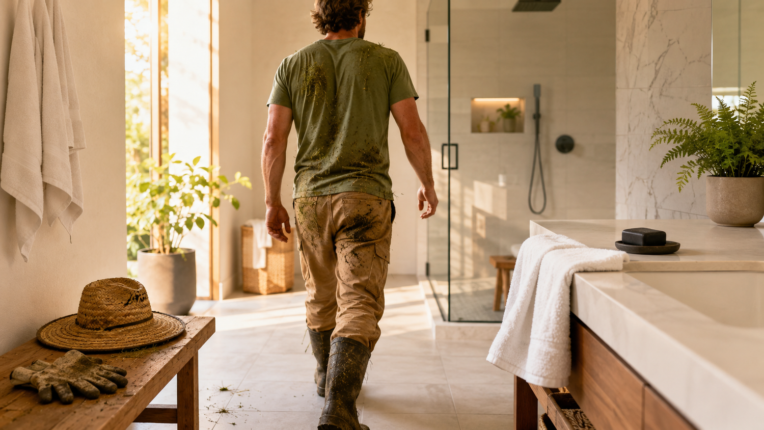 Man entering a bright bathroom after yard work, with gloves, a sun hat, fresh towel, and unbranded soap nearby.