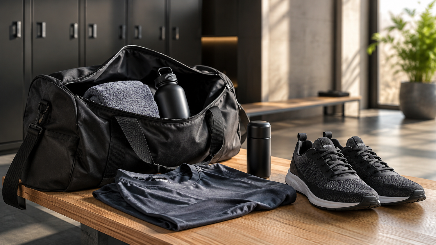 Open gym bag with a folded towel, water bottle, clean shirt, running shoes, and unbranded deodorant on a bench.