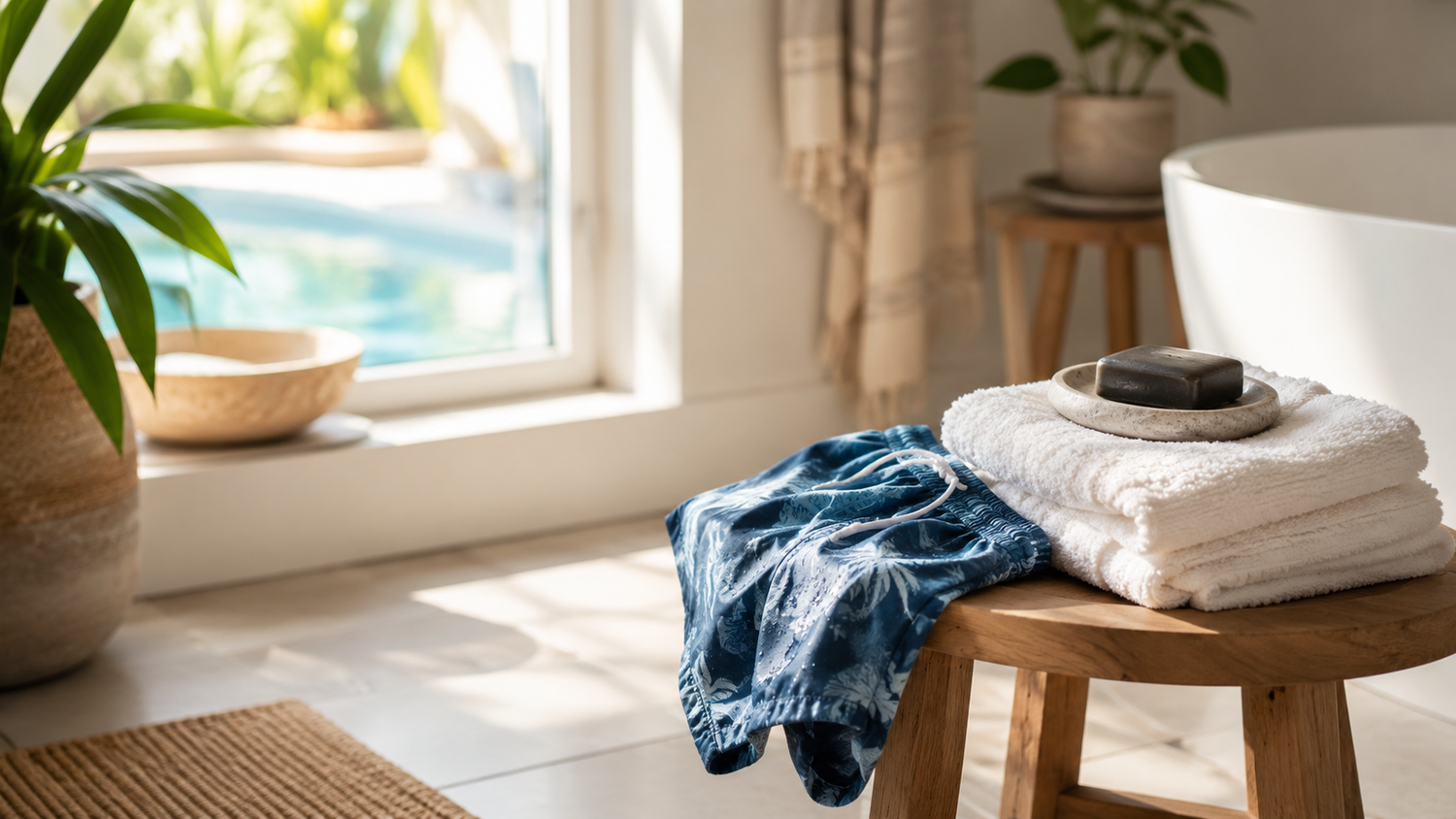 Bright summer bathroom with wet swim trunks, a folded towel, unbranded soap, and soft pool-blue light through the window.