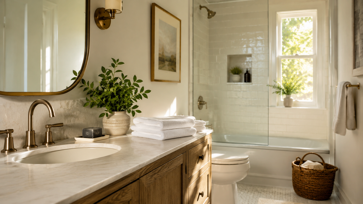 Clean guest bathroom with folded towels, an unbranded soap bar on a dish, a small plant, and a tidy counter.