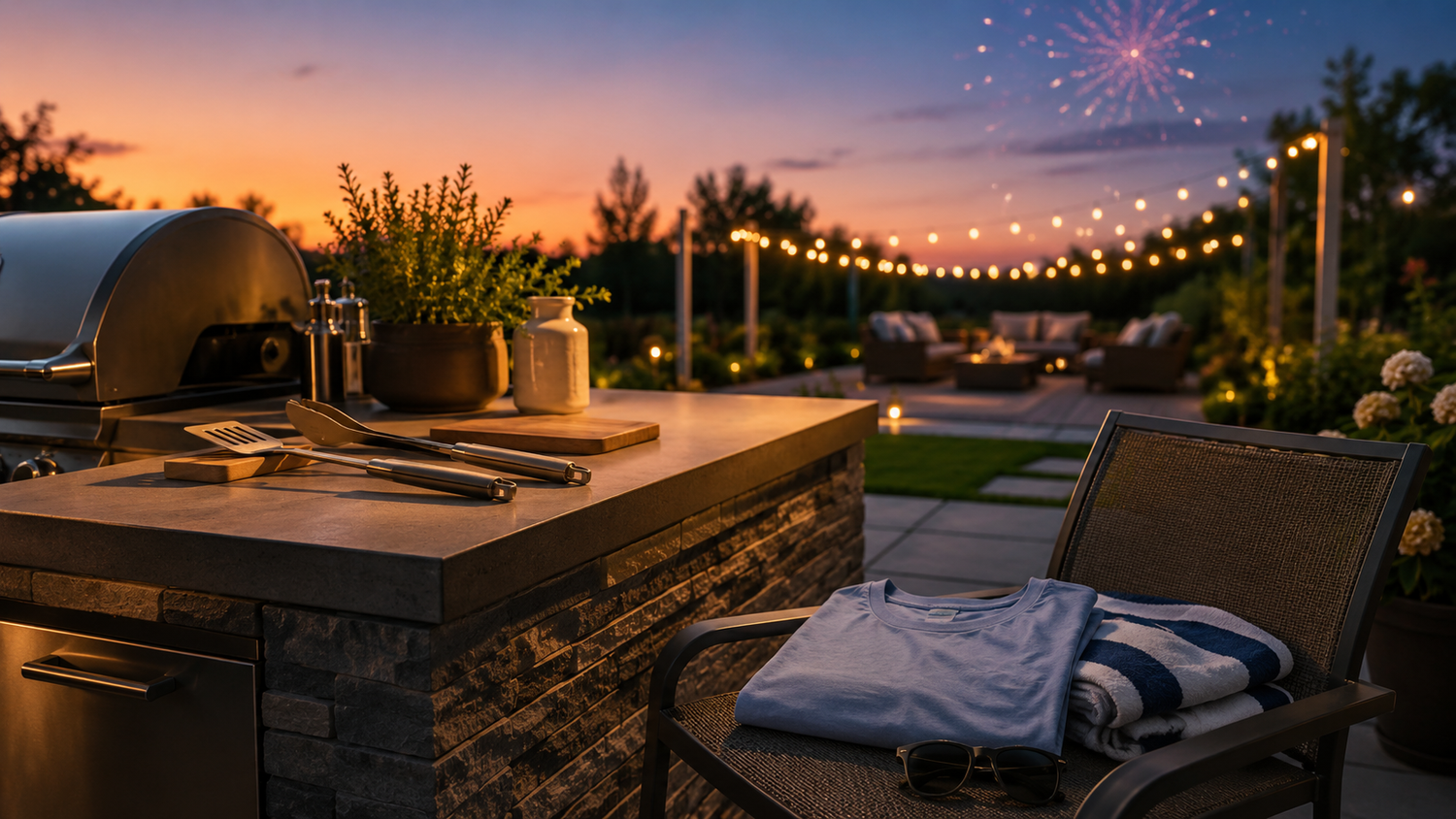 Summer backyard at golden hour with grilling tools, a folded fresh shirt, towel, sunglasses, and subtle distant fireworks.