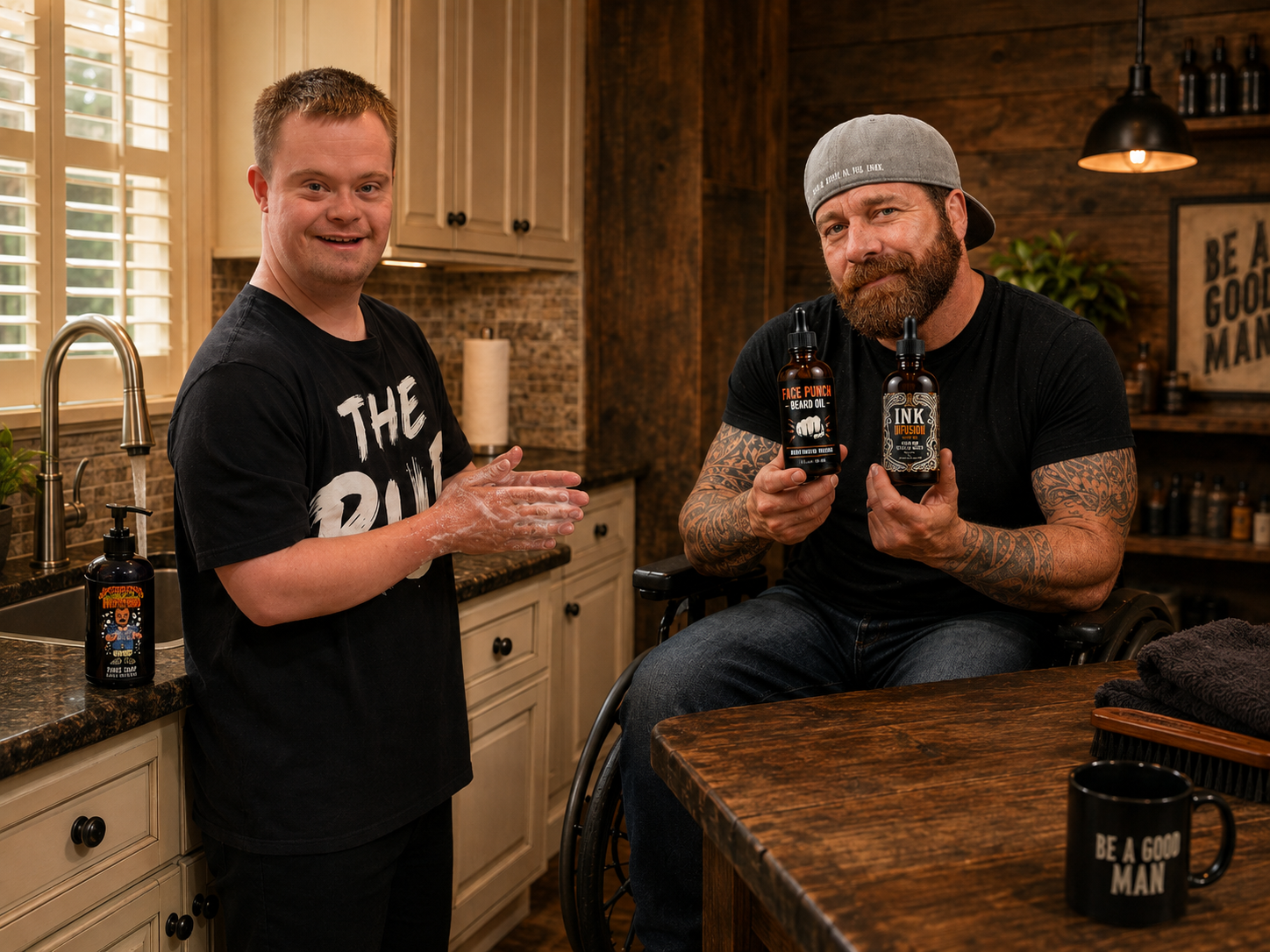 Drew washing his hands with The Rub soap while Dan from The Wheelchair Dad holds Face Punch Beard Oil and Ink Infusion Tattoo Conditioning Oil.