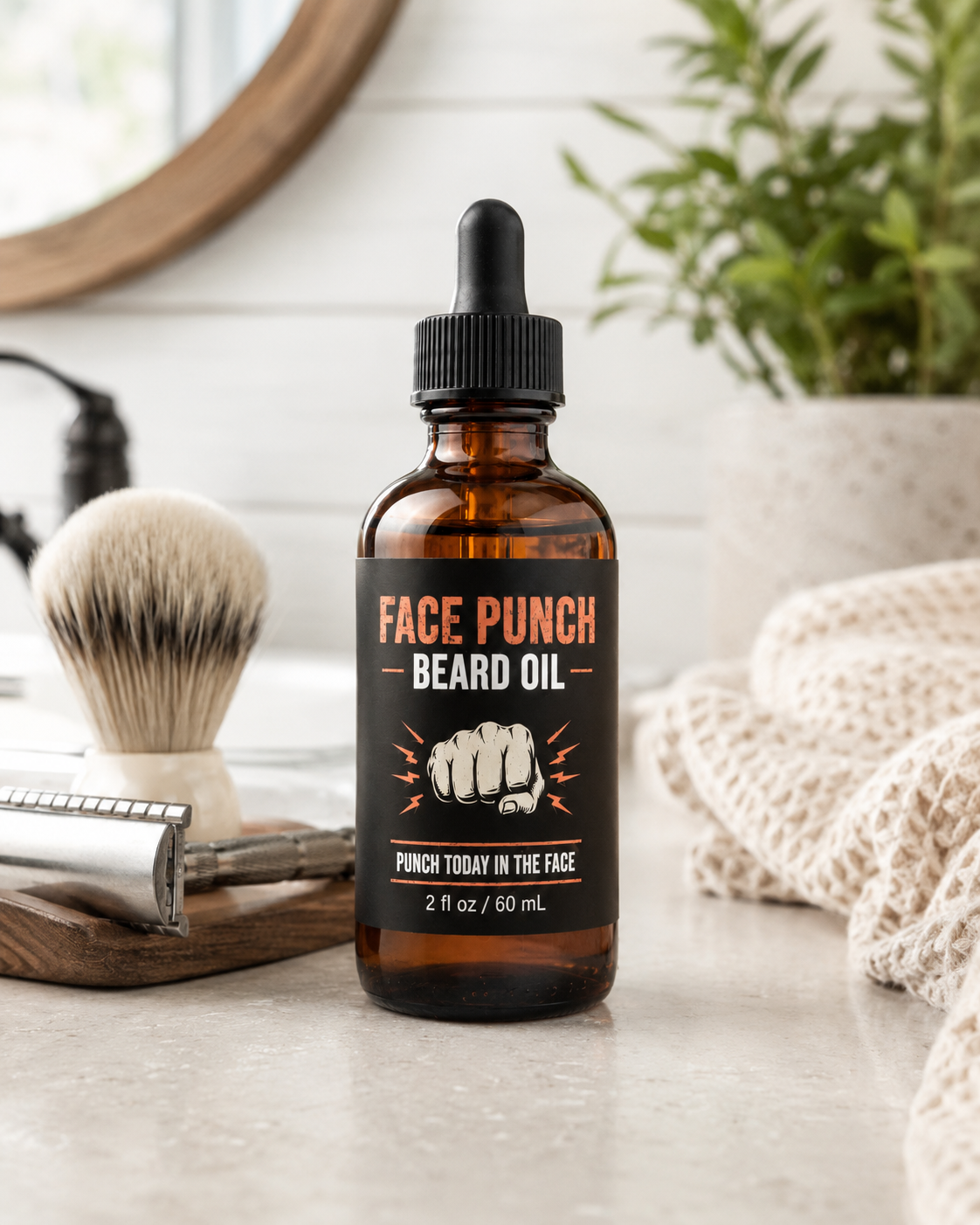 Face Punch Beard Oil in a 2 oz amber dropper bottle displayed in a bright modern bathroom with a shaving brush, safety razor, folded towel, mirror, and greenery.