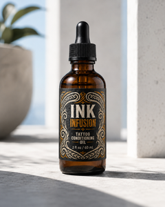Ink Infusion Tattoo Conditioning Oil in a 2 oz amber dropper bottle displayed in a bright minimalist setting with soft natural light, pale stone surfaces, and blurred architectural elements in the background.