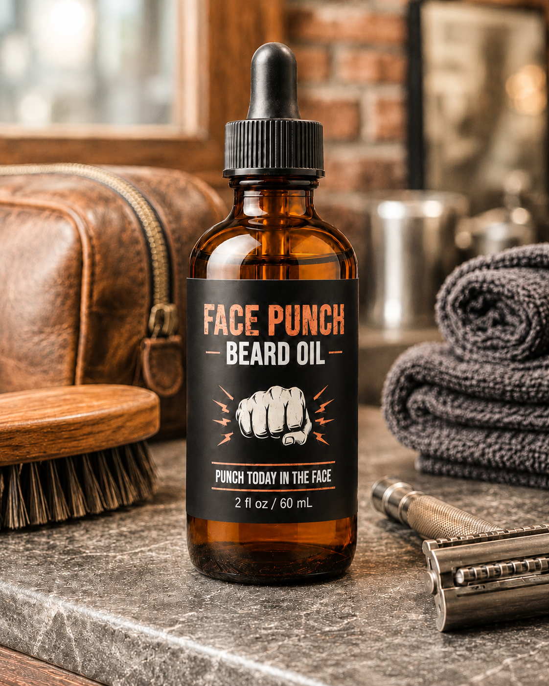 Face Punch Beard Oil in a 2 oz amber dropper bottle displayed with a beard brush, leather grooming bag, dark towels, and safety razor in a bright rustic barbershop setting.