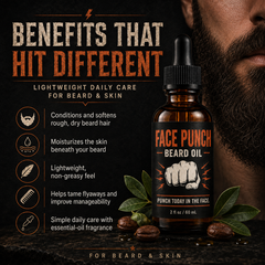 Face Punch Beard Oil benefits graphic featuring a jojoba-based beard oil for men that softens dry beard hair, moisturizes skin, tames flyaways, and provides lightweight, non-greasy daily beard care.