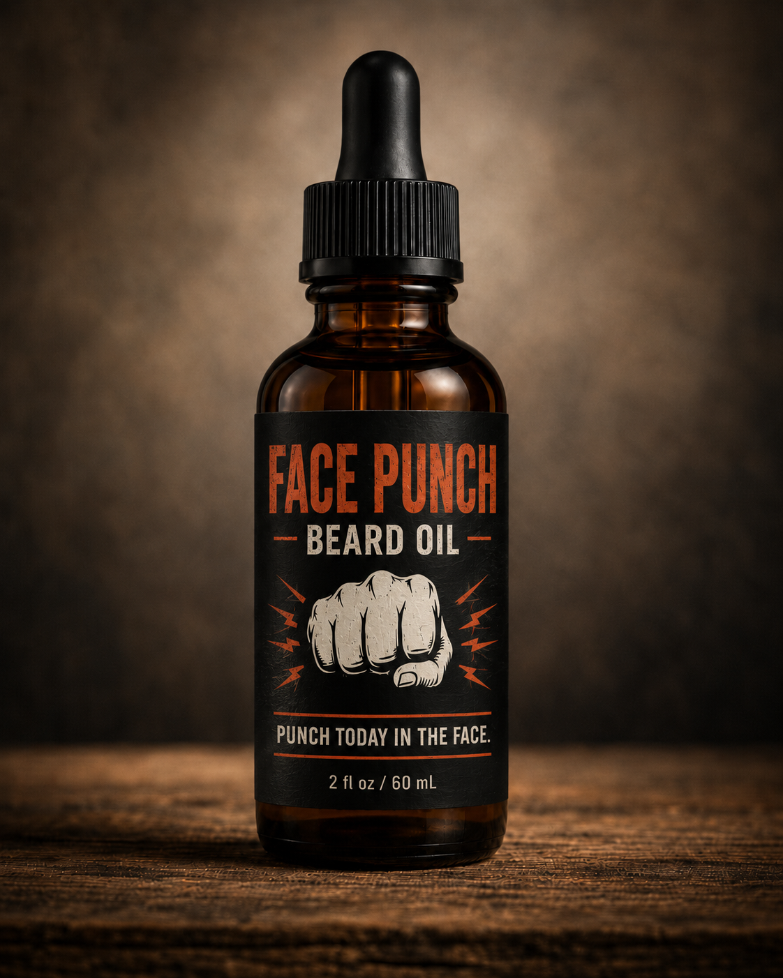 Face Punch Beard Oil in a 2 oz amber glass dropper bottle with a black label, distressed orange and cream lettering, and fist graphic, displayed on a rustic wooden surface.