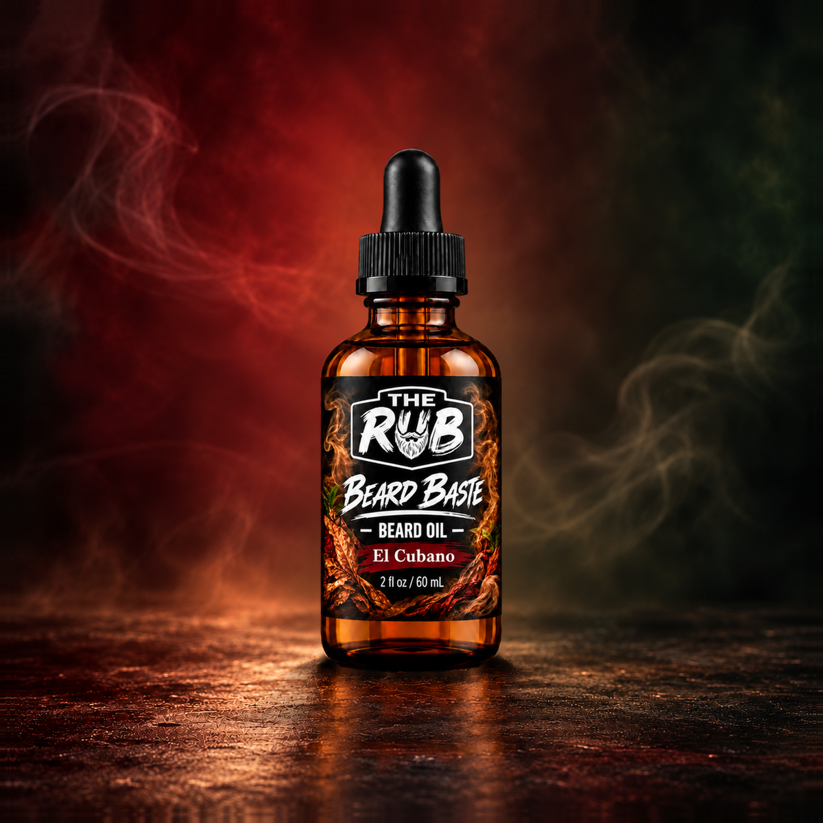 The Rub Beard Baste El Cubano Beard Oil – 2 oz amber dropper bottle with rich Cuban tobacco-inspired scent, featuring a bold smoky red and dark green background.