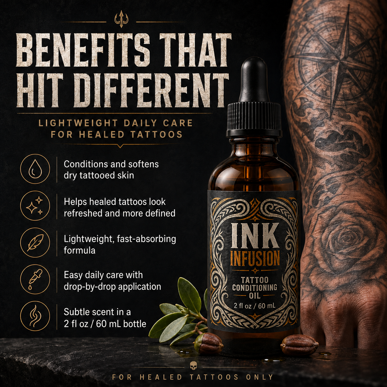 Ink Infusion tattoo conditioning oil bottle with benefits graphic, highlighting lightweight daily care for healed tattoos, moisturizing dry tattooed skin, and easy drop-by-drop application.
