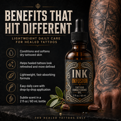 Ink Infusion tattoo conditioning oil bottle with benefits graphic, highlighting lightweight daily care for healed tattoos, moisturizing dry tattooed skin, and easy drop-by-drop application.