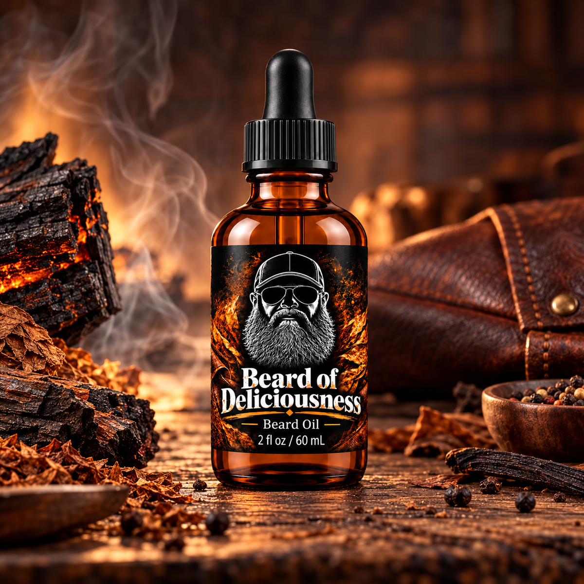 Beard of Deliciousness Beard Oil by Matt Ramsey x The Rub, displayed among smoky charred wood, rugged leather, and spices in a warm, masculine setting.
