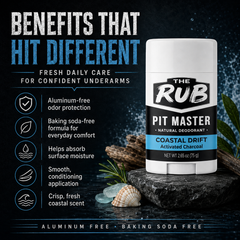 Coastal Drift natural deodorant benefits graphic featuring The Rub Pit Master deodorant with aluminum-free odor protection, baking soda-free daily comfort, moisture absorption, smooth conditioning application, and a crisp fresh coastal scent.