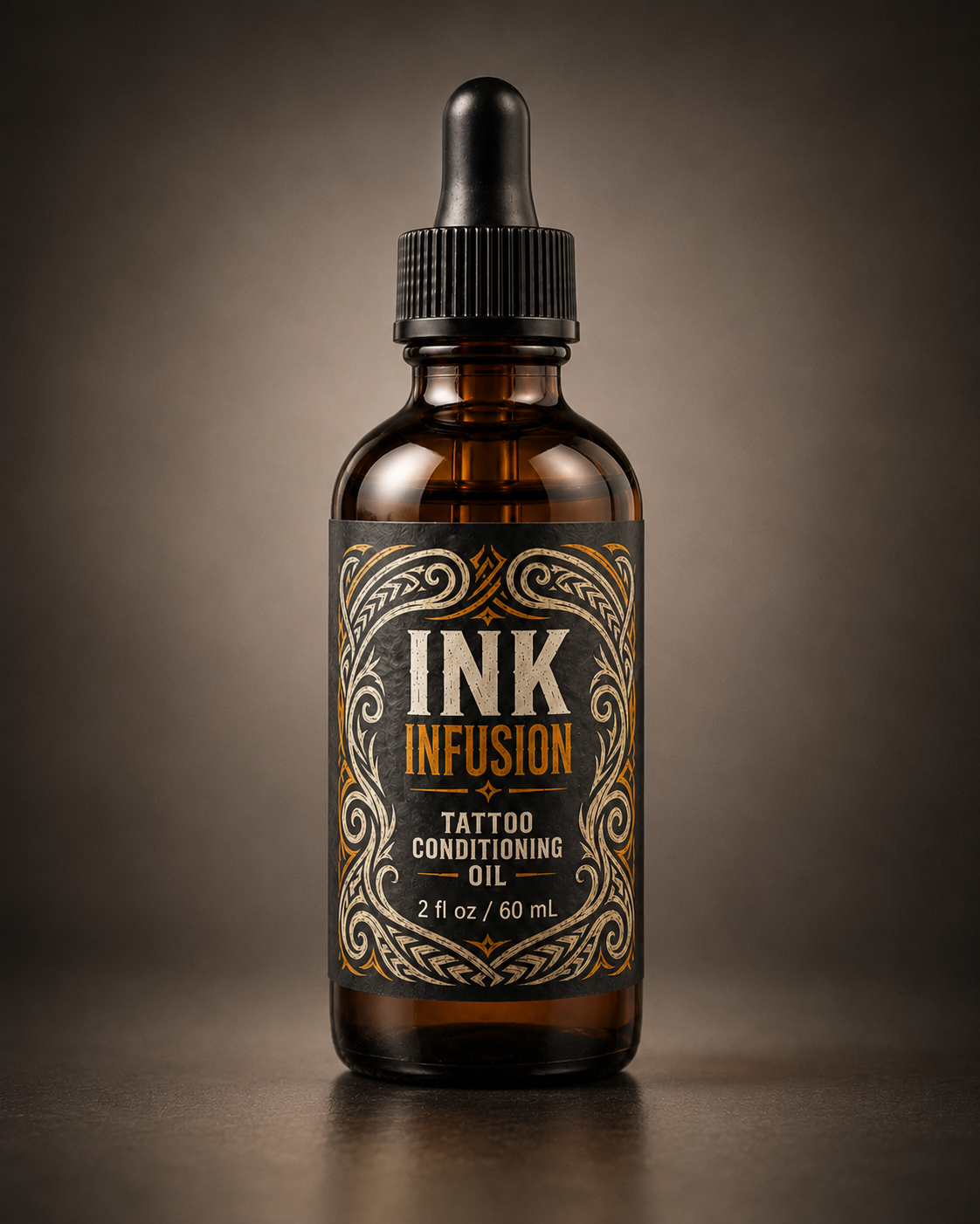 Ink Infusion Tattoo Conditioning Oil in a 2 oz amber glass dropper bottle, photographed alone in a clean professional studio setting with warm neutral lighting.