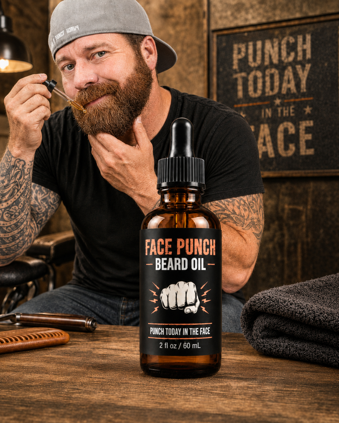 Dan applies Face Punch Beard Oil to his beard behind a 2 oz amber dropper bottle, displayed in a bright, rustic masculine grooming setting.