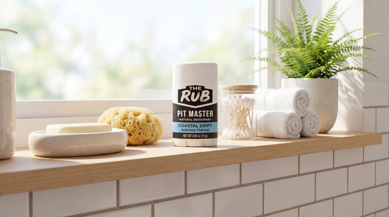 Coastal Drift natural deodorant by The Rub on a bright bathroom windowsill beside a sea sponge and clean towels.
