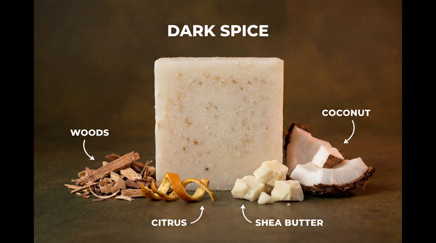 Dark Spice natural bar soap by The Rub shown with ingredients: wood shavings, citrus peels, shea butter, and raw coconut.