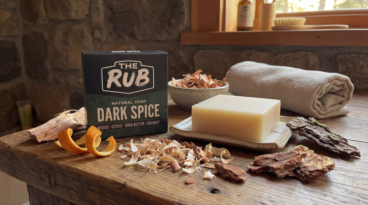 Dark Spice natural soap bar and box by The Rub on a rustic wooden bench with orange peels, wood shavings, and a rolled towel.