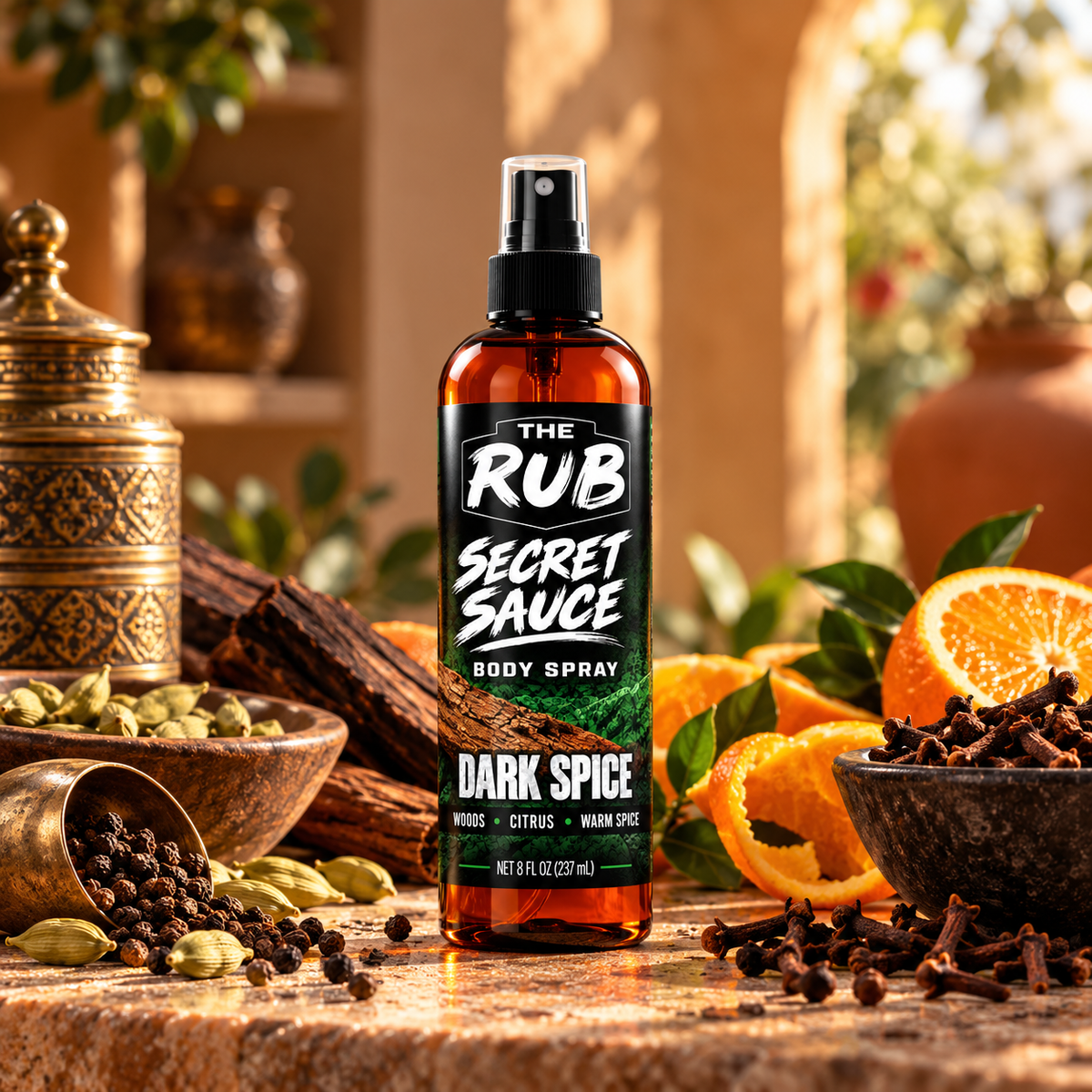 The Rub Secret Sauce Dark Spice body spray in an amber 8 oz spray bottle with woods, citrus and warm spice scent.