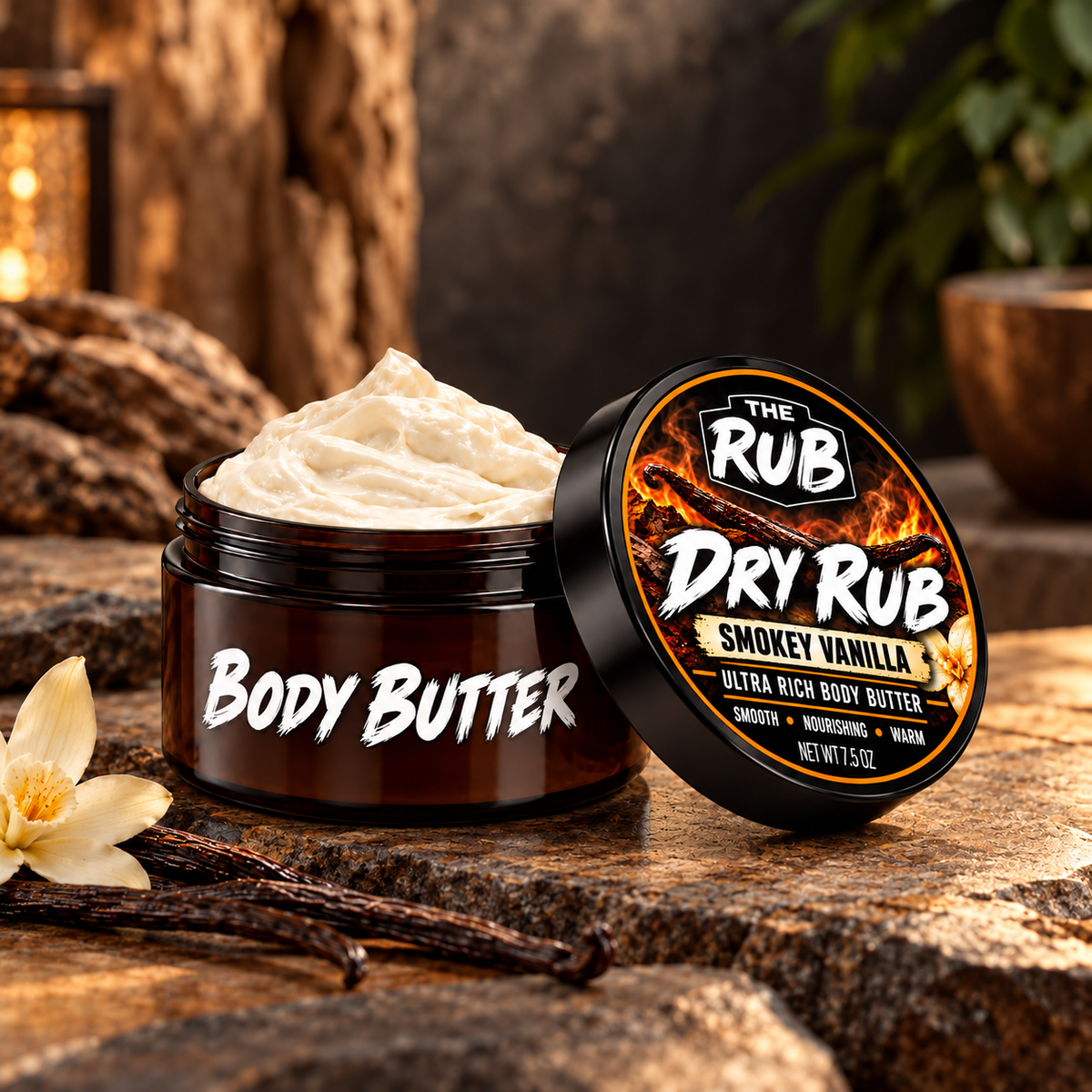 The Rub Dry Rub Smokey Vanilla ultra rich body butter in an amber 7.5 oz jar with black lid and warm vanilla-inspired packaging