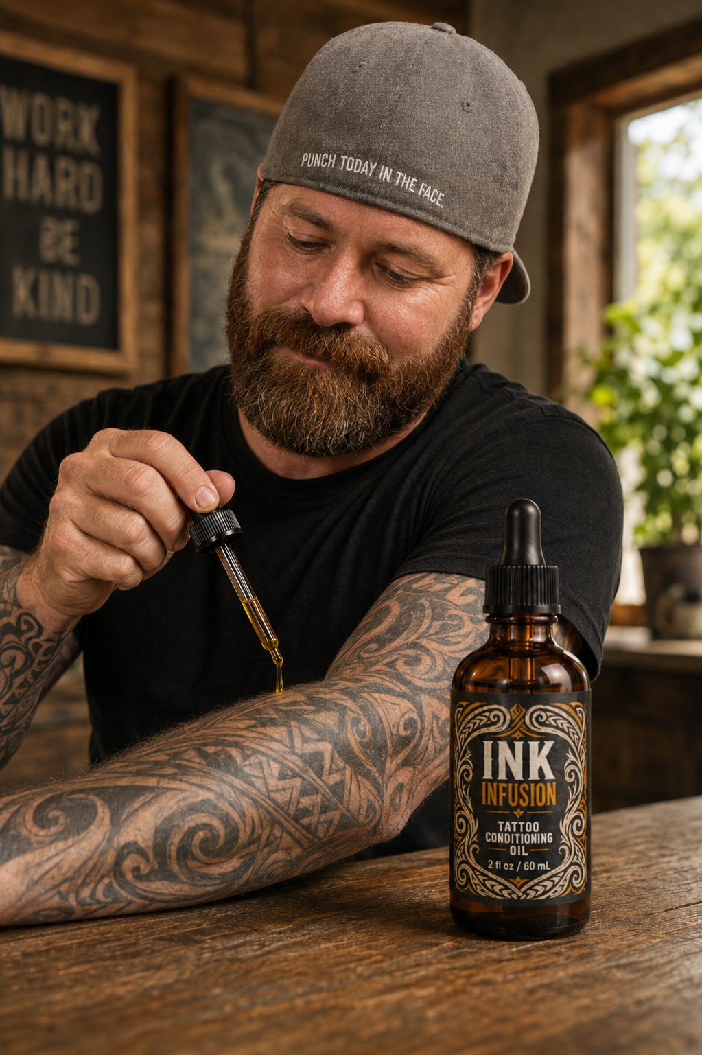 Dan applies Ink Infusion Tattoo Conditioning Oil to his tattooed forearm while a 2 oz amber dropper bottle sits prominently in the foreground in a warm, rustic setting.