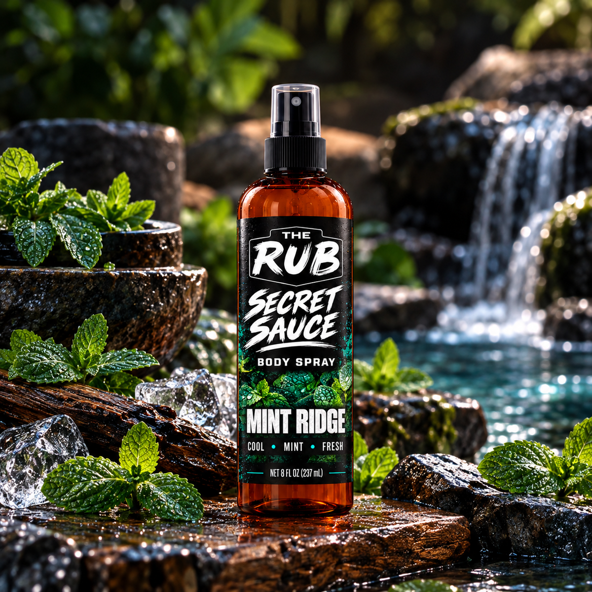 The Rub Secret Sauce Mint Ridge body spray in an amber 8 oz spray bottle with cool mint, eucalyptus and fresh herbal scent.
