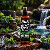 The Rub Secret Sauce Mint Ridge body spray in an amber 8 oz spray bottle with cool mint, eucalyptus and fresh herbal scent.
