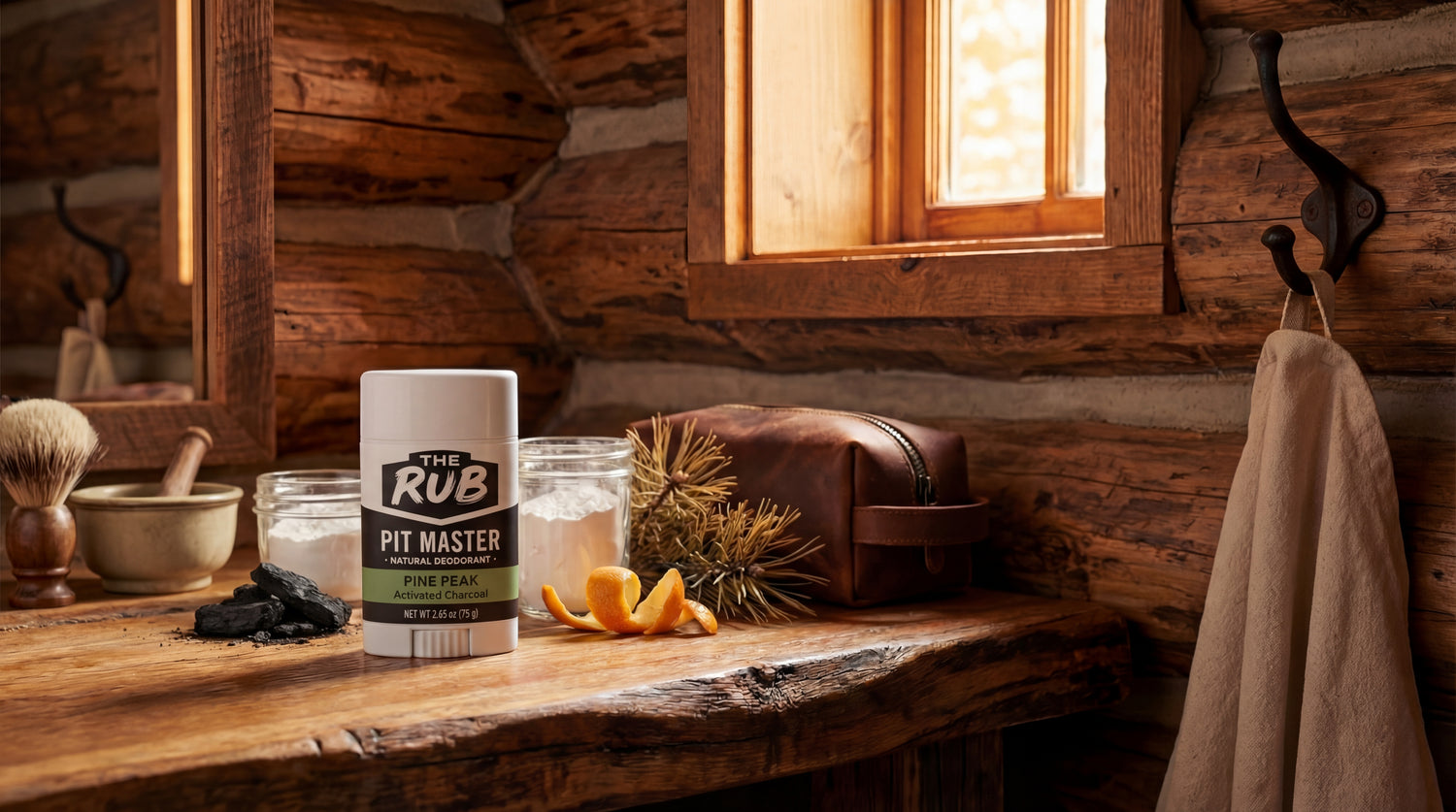 Pine Peak natural deodorant stick on a rustic log cabin vanity next to a leather toiletry bag and raw ingredients.