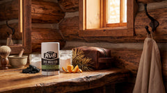 Pine Peak natural deodorant stick on a rustic log cabin vanity next to a leather toiletry bag and raw ingredients.