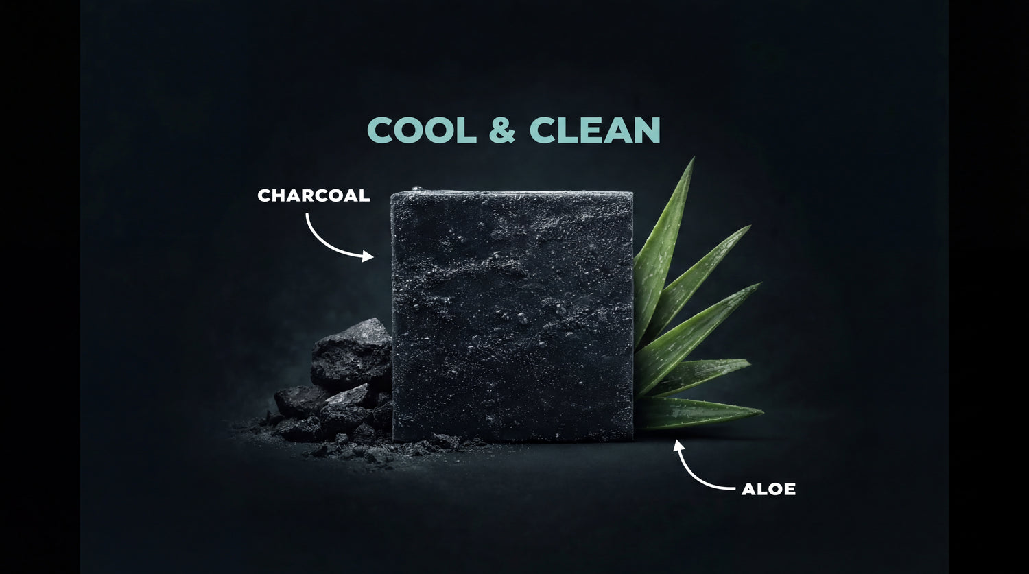 Clean Slate natural bar soap by The Rub shown with ingredients: charcoal chunks and fresh aloe vera leaves on a dark background.