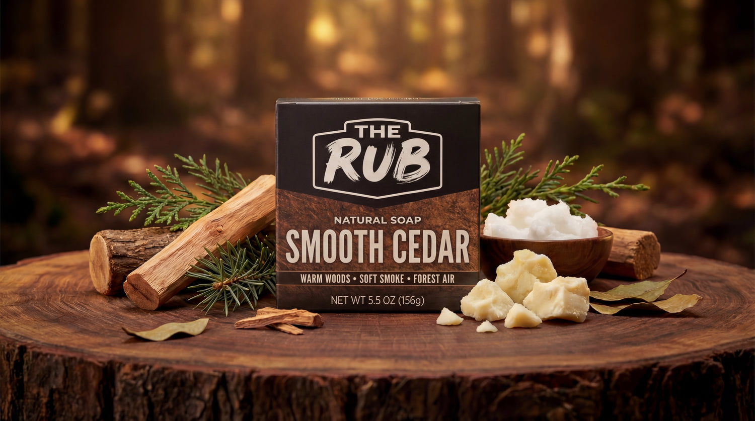 The Rub Smooth Cedar natural soap box on a dark wood grain surface with raw shea butter and cedar sprigs.