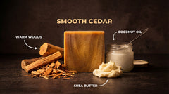 Smooth Cedar natural bar soap by The Rub shown with ingredients: warm wood logs, shea butter, and a jar of coconut oil.