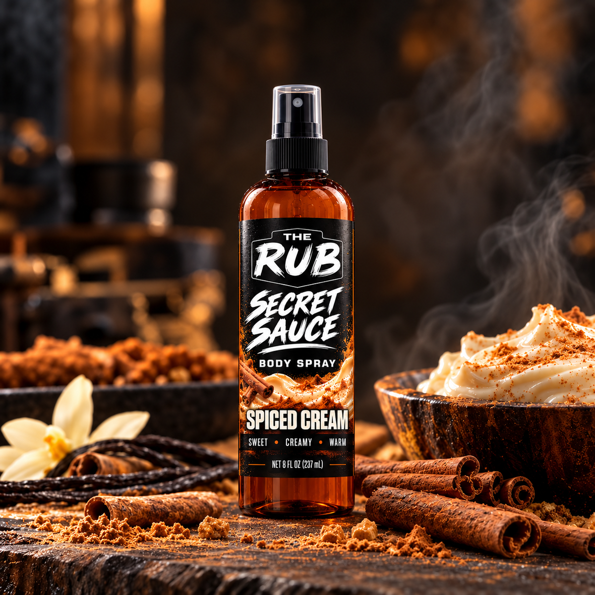 The Rub Secret Sauce Spiced Cream body spray in an amber 8 oz spray bottle with a sweet, creamy and warm scent.