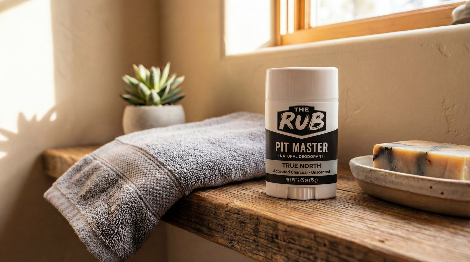 True North unscented natural deodorant by The Rub sitting on a warm, sunlit wooden bathroom shelf next to a folded towel.