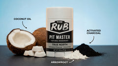 True North unscented natural deodorant stick with coconut oil, activated charcoal, and arrowroot ingredients on a teal background.